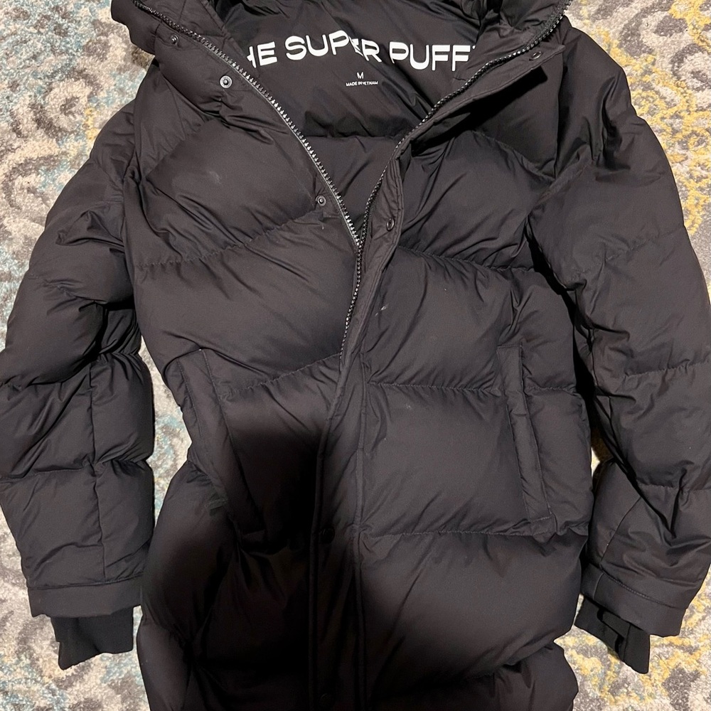 Aritzia Black Puffer Jacket with Hood and Zipper Closure